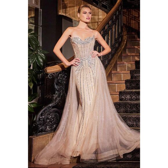 CADENCE GOWN - STRAPLESS CRYSTAL EMBELLISHED GOWN WITH OVERSKIRT - Picture 1 of 8